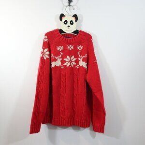 Lands' End Cotton Reindeer Sweater Size L Red White Holiday Christmas NEW